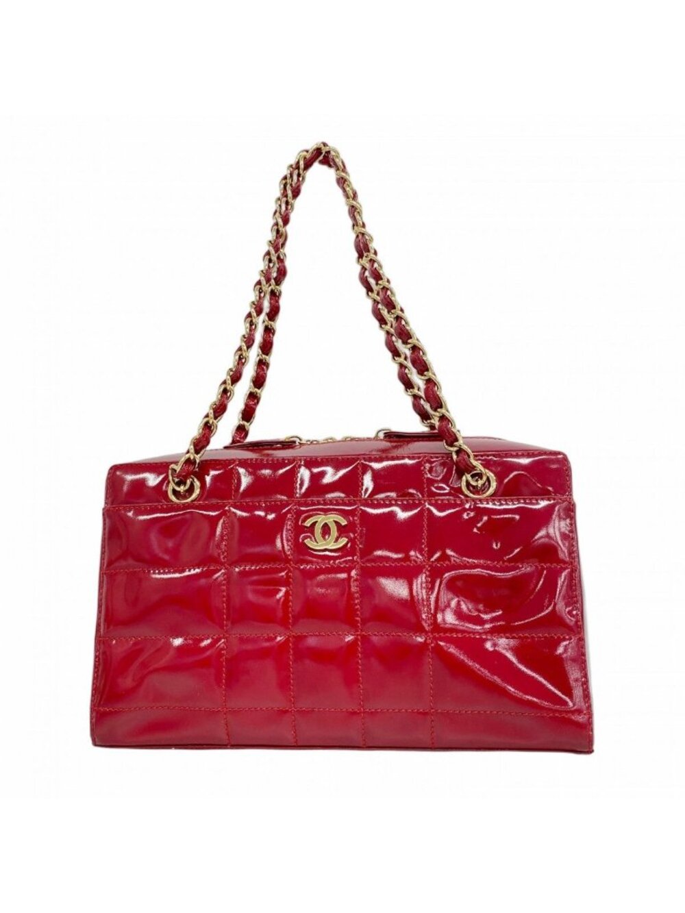 Chanel Shoulder Bag Choco Bar Patent Leather Red Gold